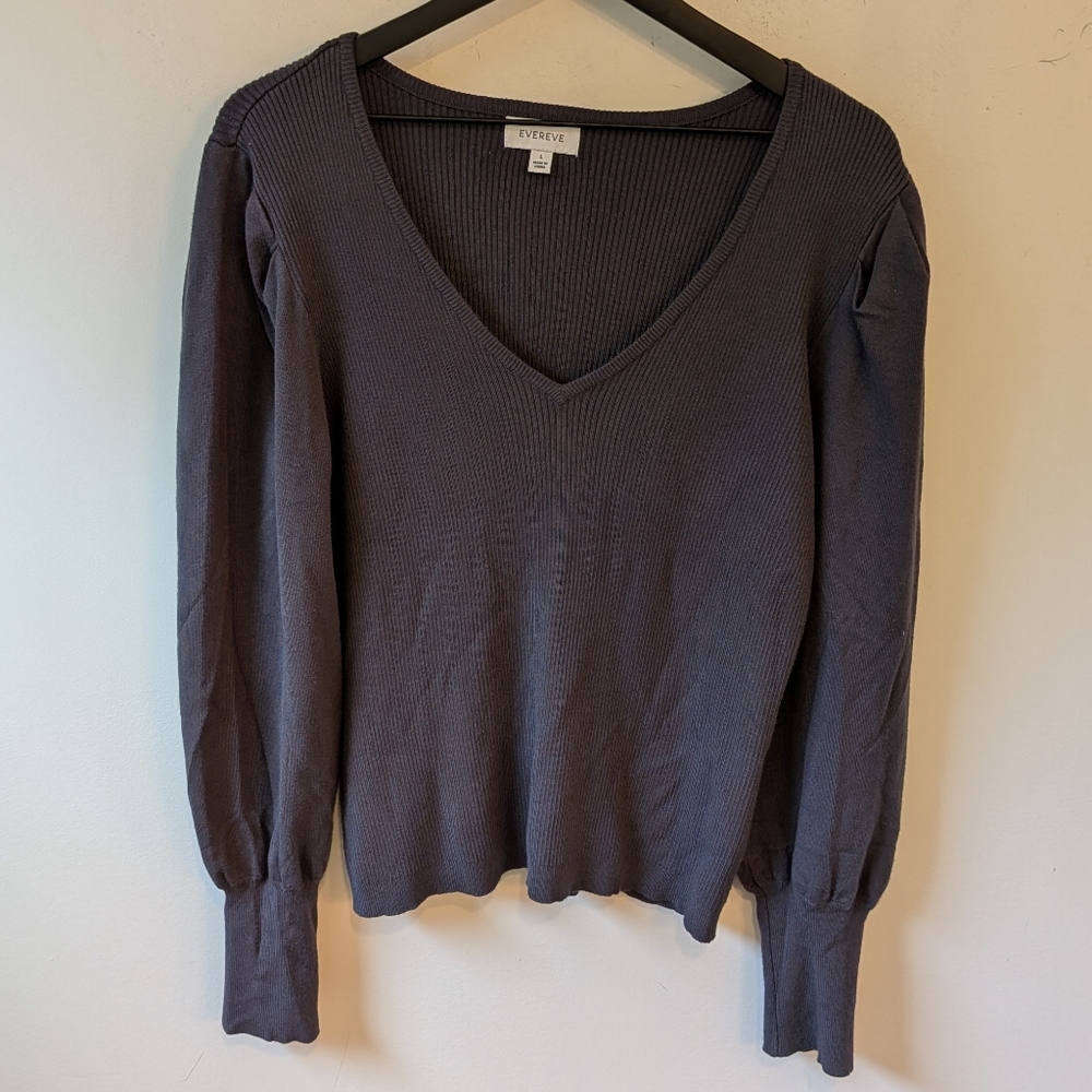 Evereve Women's Grey Ribbed Balloon Sleeve V Neck Sweater Top Large